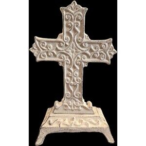 Vintage Cast Iron Footed Standing Cross Vine & Scrollwork Pattern 8.5"x5.5"x3"